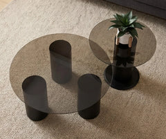BAYTONA MX136 Modern Dark Tempered Glass Coffee Table Set of 2 – Round Minimalist Tables with Matte Black Base Baytona