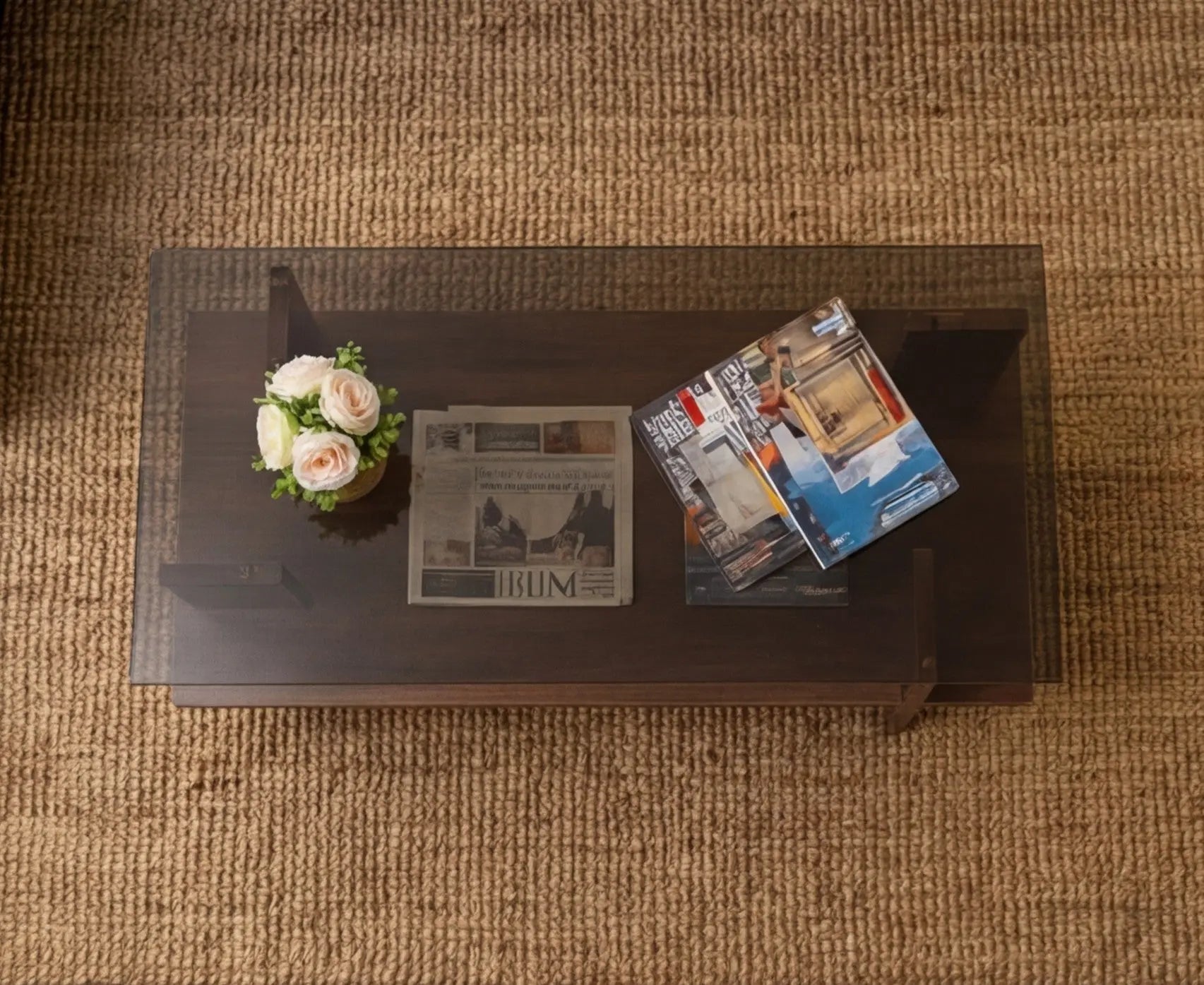 BAYTONA MX150 Modern Tempered Glass Coffee Table with Wood Base & Storage Shelf Baytona