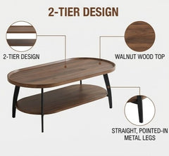 BAYTONA MX110 Modern Oval Walnut Coffee Table with Lower Storage Shelf – Black Metal Legs