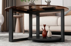 BAYTONA MX131 Modern Round Smoked-Glass Coffee Table with Storage Shelf – Black Metal Base