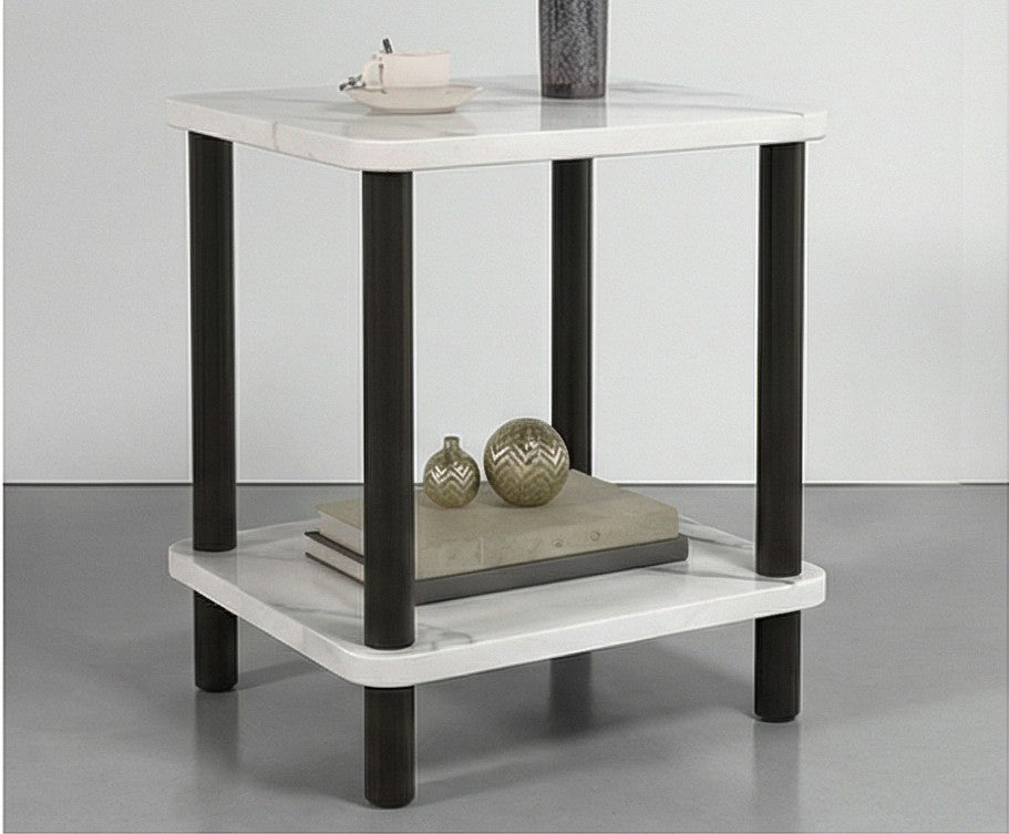 BAYTONA MX113 White Marble-Look Two-Tier Side Table with Black Metal Frame – Modern Accent Table