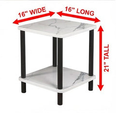 BAYTONA MX113 White Marble-Look Two-Tier Side Table with Black Metal Frame – Modern Accent Table