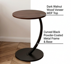 BAYTONA MX089 Modern Walnut Round Side Table with Curved Black Metal Frame