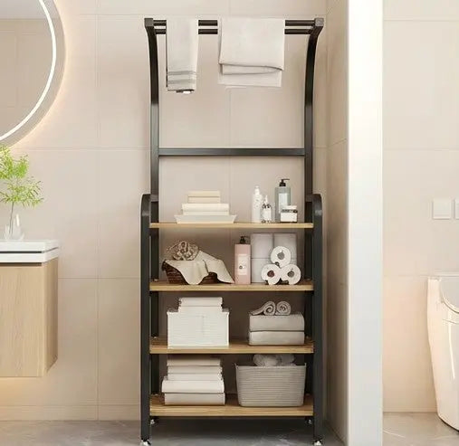 BAYTONA MX097 4-Tier Bathroom Storage Shelf with Towel Rack – Metal Frame & Wood Shelves Baytona