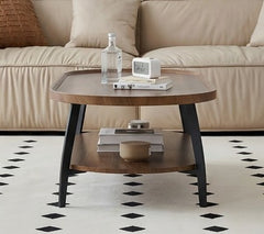 BAYTONA MX110 Modern Oval Walnut Coffee Table with Lower Storage Shelf – Black Metal Legs