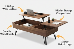 BAYTONA MX101 DUAL Modern Lift-Top Coffee Table with Hidden Storage & Hairpin Legs – Walnut Wood Finish