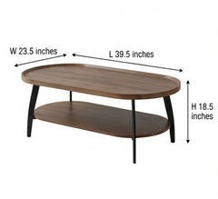 BAYTONA MX110 Modern Oval Walnut Coffee Table with Lower Storage Shelf – Black Metal Legs