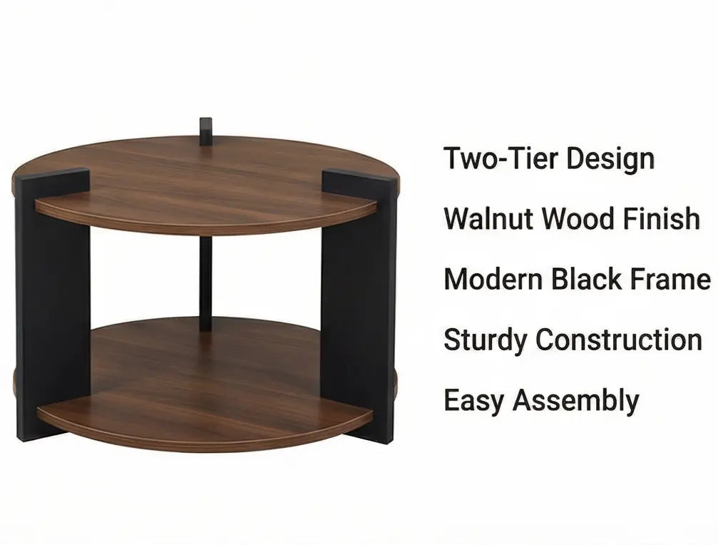 BAYTONA MX156 Modern Round Wood Coffee Table with Two-Tier Storage – Dark Walnut Finish Baytona