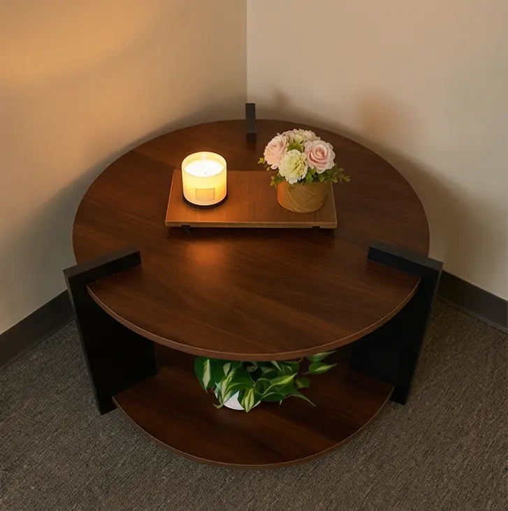 BAYTONA MX156 Modern Round Wood Coffee Table with Two-Tier Storage – Dark Walnut Finish Baytona