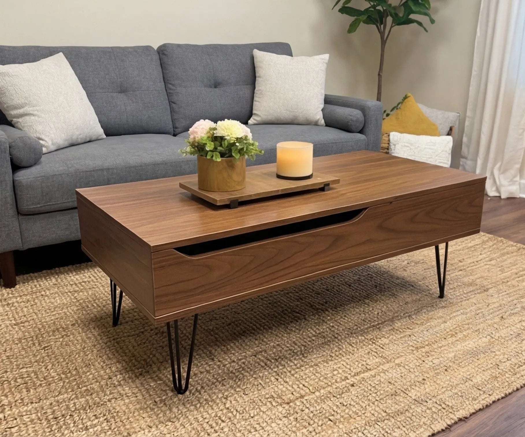 BAYTONA MX101 DUAL Modern Lift-Top Coffee Table with Hidden Storage & Hairpin Legs – Walnut Wood Finish Baytona