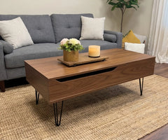 BAYTONA MX101 DUAL Modern Lift-Top Coffee Table with Hidden Storage & Hairpin Legs – Walnut Wood Finish Baytona