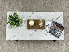 BAYTONA MX124 Modern White Marble Coffee Table with Geometric Black Metal Legs Baytona
