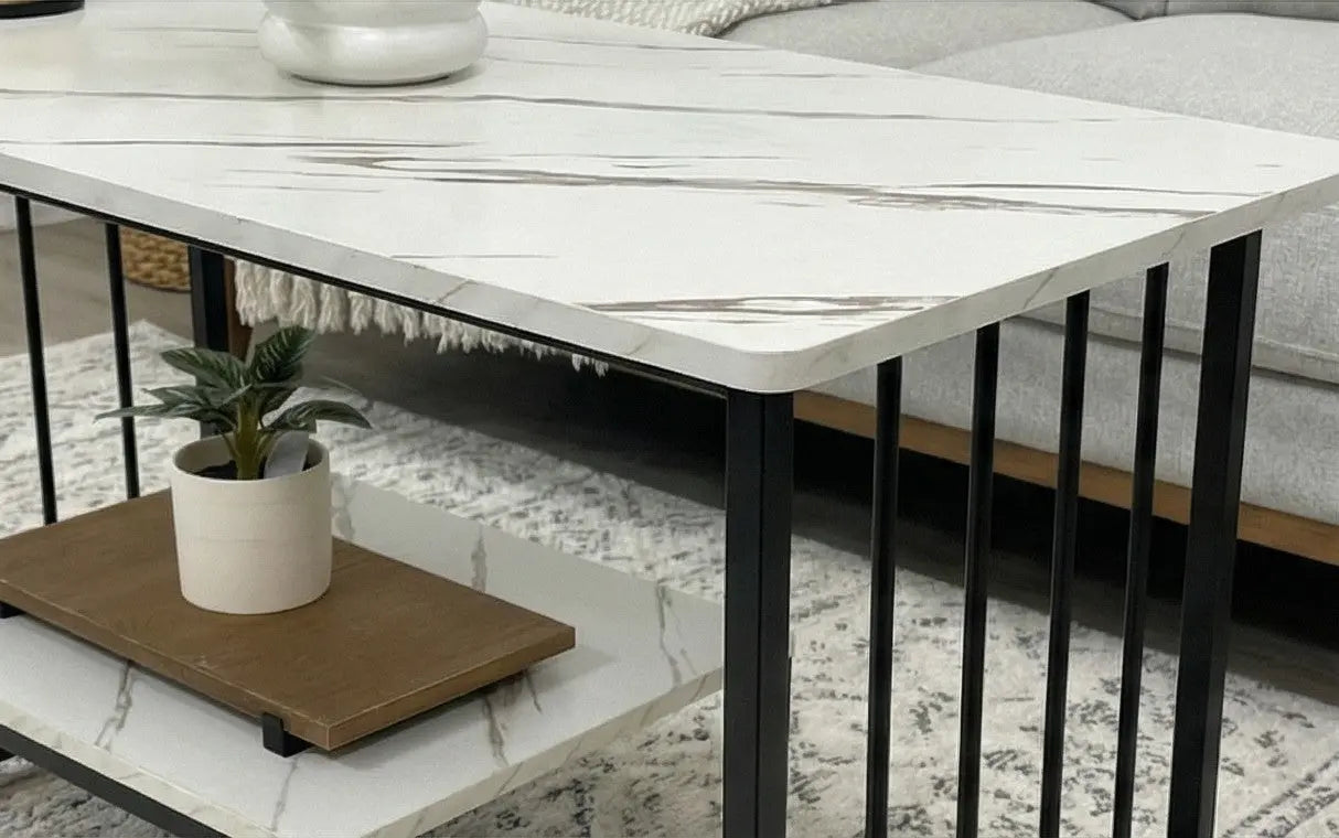 BAYTONA MX025 Modern White Marble Coffee Table with Black Metal Frame & Lower Storage Shelf Baytona