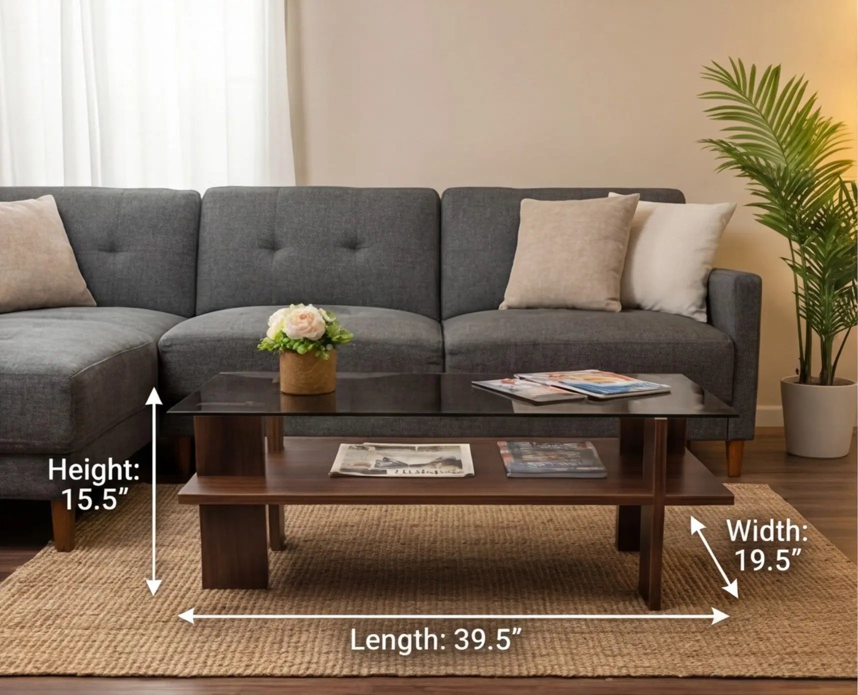 BAYTONA MX150 Modern Tempered Glass Coffee Table with Wood Base & Storage Shelf Baytona