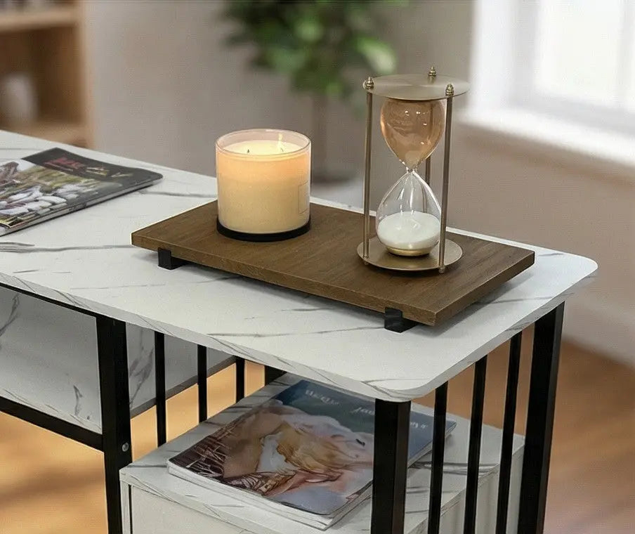 BAYTONA MX120 Modern White Marble Writing Desk with Storage Drawers & Black Metal Frame Baytona