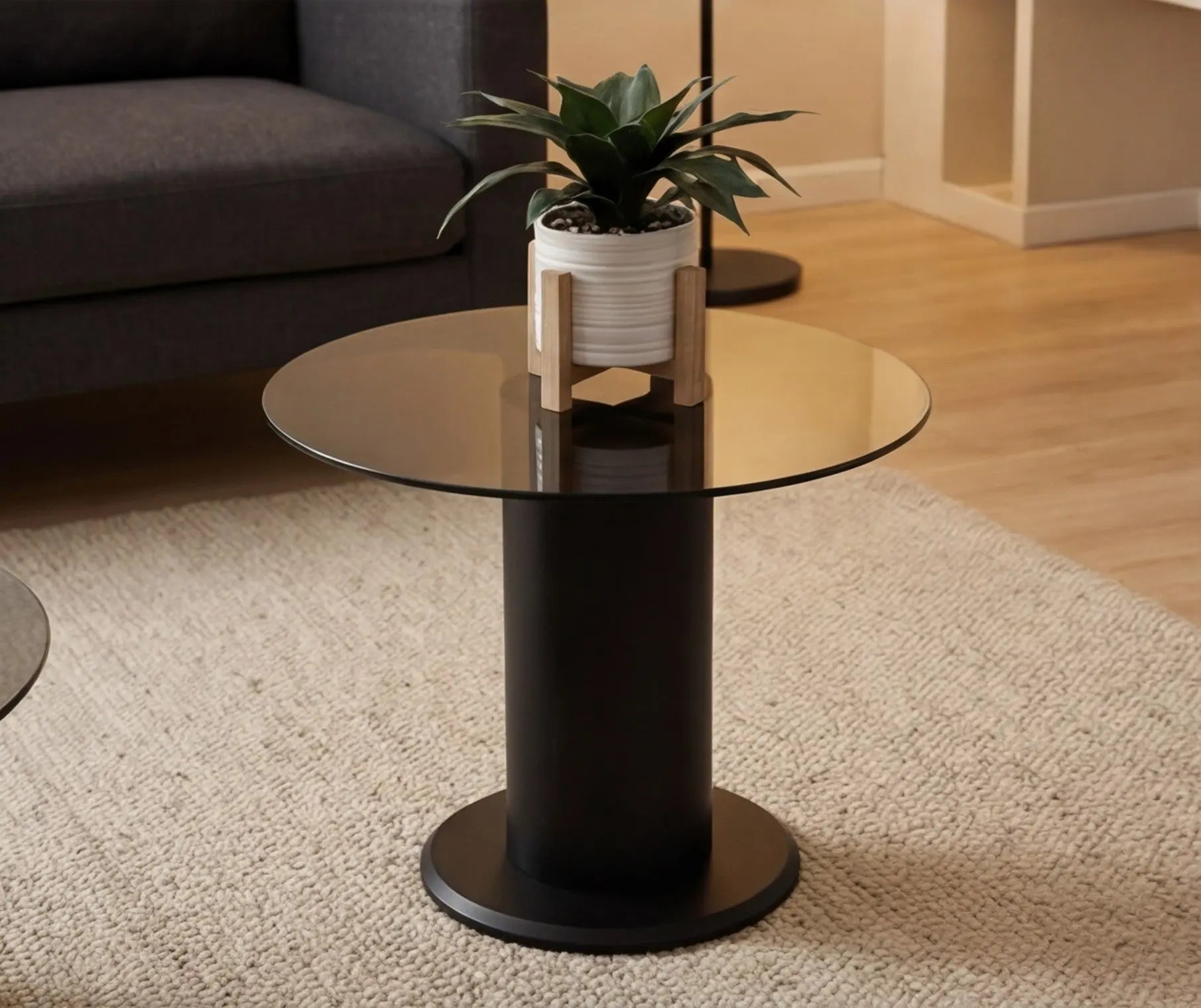 BAYTONA MX136 Modern Dark Tempered Glass Coffee Table Set of 2 – Round Minimalist Tables with Matte Black Base Baytona