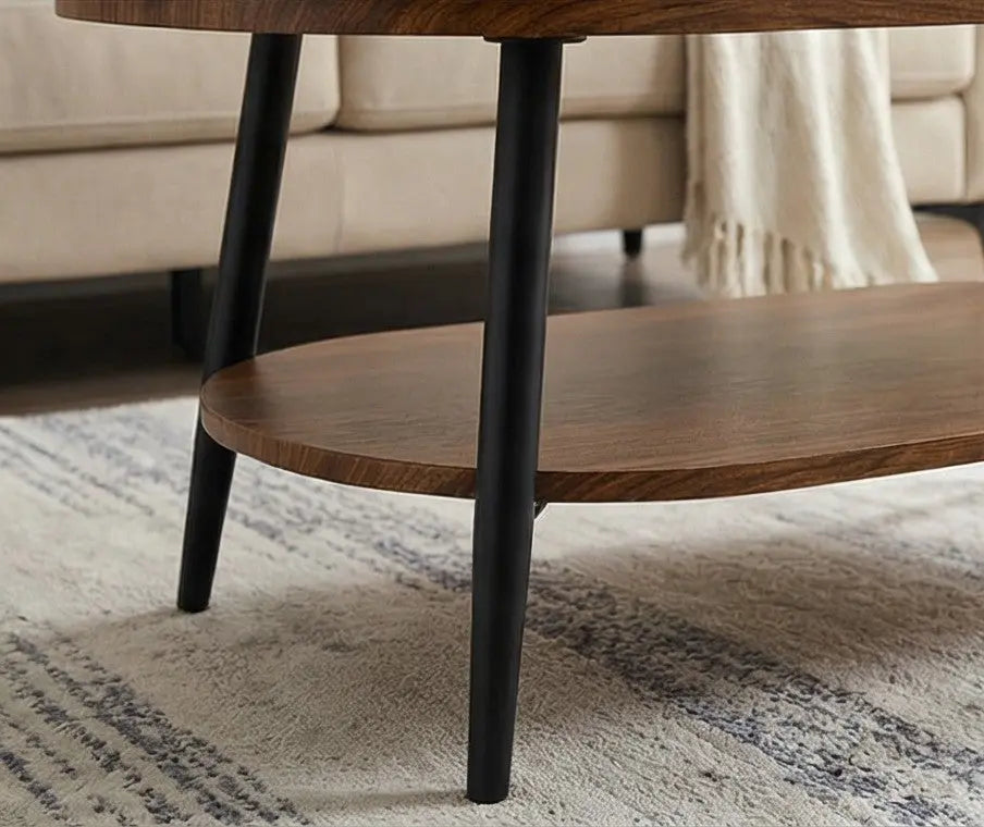 BAYTONA MX110 Modern Oval Walnut Coffee Table with Lower Storage Shelf – Black Metal Legs Baytona