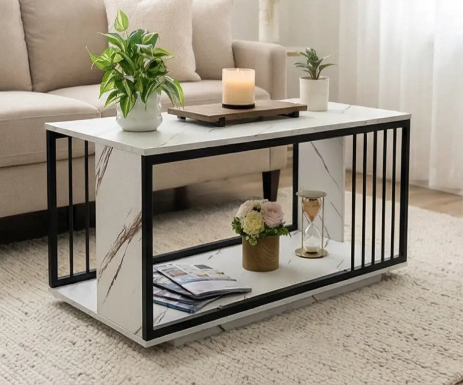 BAYTONA MX054 Modern White Marble Coffee Table with Open Storage Shelf & Black Metal Accents Baytona