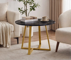 BAYTONA CF005 Modern Round Black Marble-Look Coffee Table with Gold Geometric Metal Base – Luxury Living Room Centerpiece Baytona