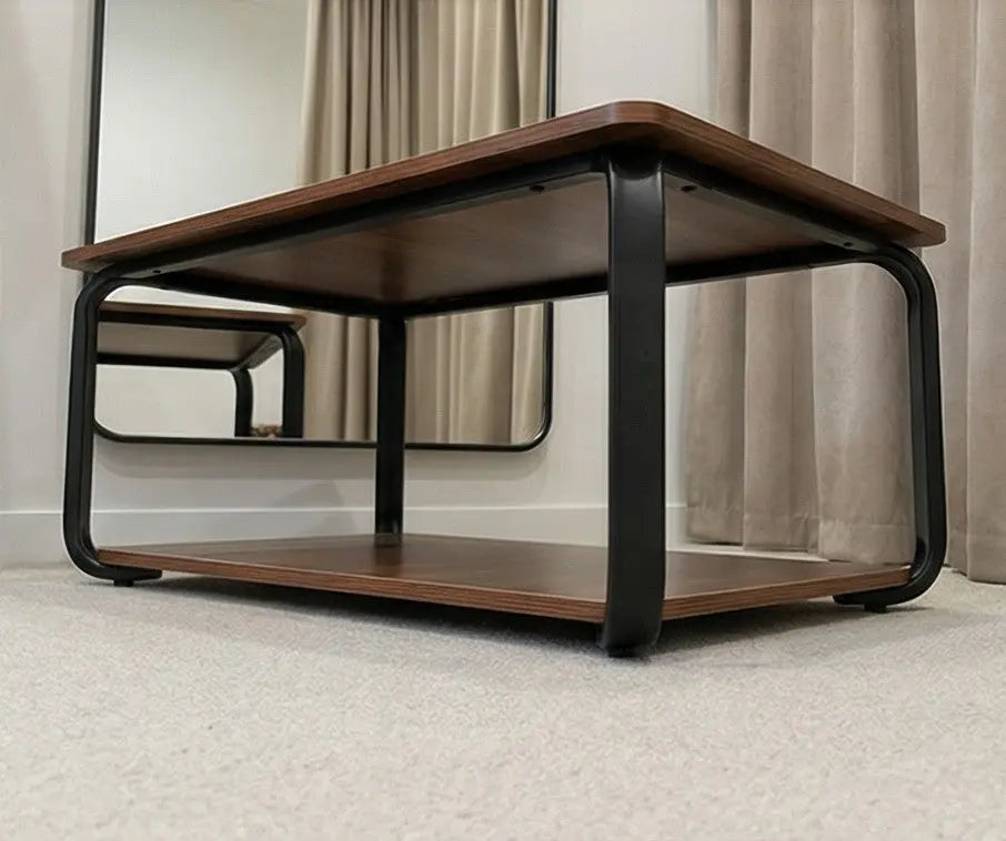 BAYTONA CF004 Modern Walnut Coffee Table with Black Metal Frame & Two-Tier Storage Baytona
