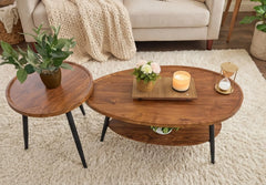 Wooden coffee table with decorative items in a living room setting
