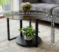 BAYTONA MX131 Modern Round Smoked-Glass Coffee Table with Storage Shelf – Black Metal Base Baytona