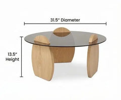 Glass coffee table with wooden legs and dimensions labeled on a white background