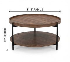 BAYTONA MX126 Modern Round Walnut Coffee Table with Lower Storage Shelf – Black Metal Frame