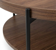 BAYTONA MX126 Modern Round Walnut Coffee Table with Lower Storage Shelf – Black Metal Frame