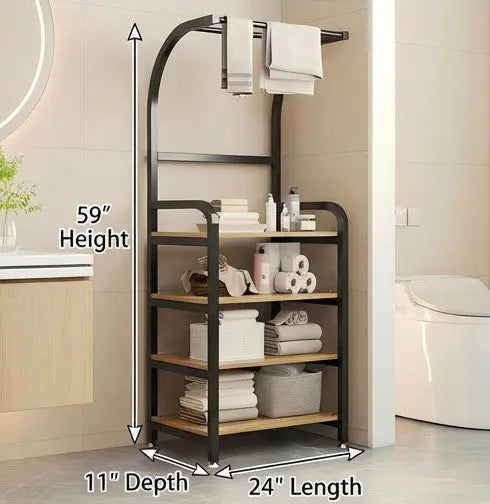 BAYTONA MX097 4-Tier Bathroom Storage Shelf with Towel Rack – Metal Frame & Wood Shelves Baytona