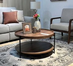 BAYTONA MX126 Modern Round Walnut Coffee Table with Lower Storage Shelf – Black Metal Frame