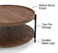 BAYTONA MX126 Modern Round Walnut Coffee Table with Lower Storage Shelf – Black Metal Frame