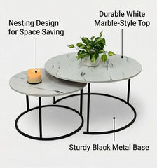 BAYTONA MX118 2-Piece Modern White Marble Look Nesting Coffee Table Set with Black Metal Base Baytona