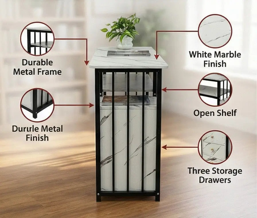 BAYTONA MX120 Modern White Marble Writing Desk with Storage Drawers & Black Metal Frame Baytona