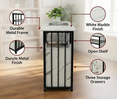 BAYTONA MX120 Modern White Marble Writing Desk with Storage Drawers & Black Metal Frame Baytona
