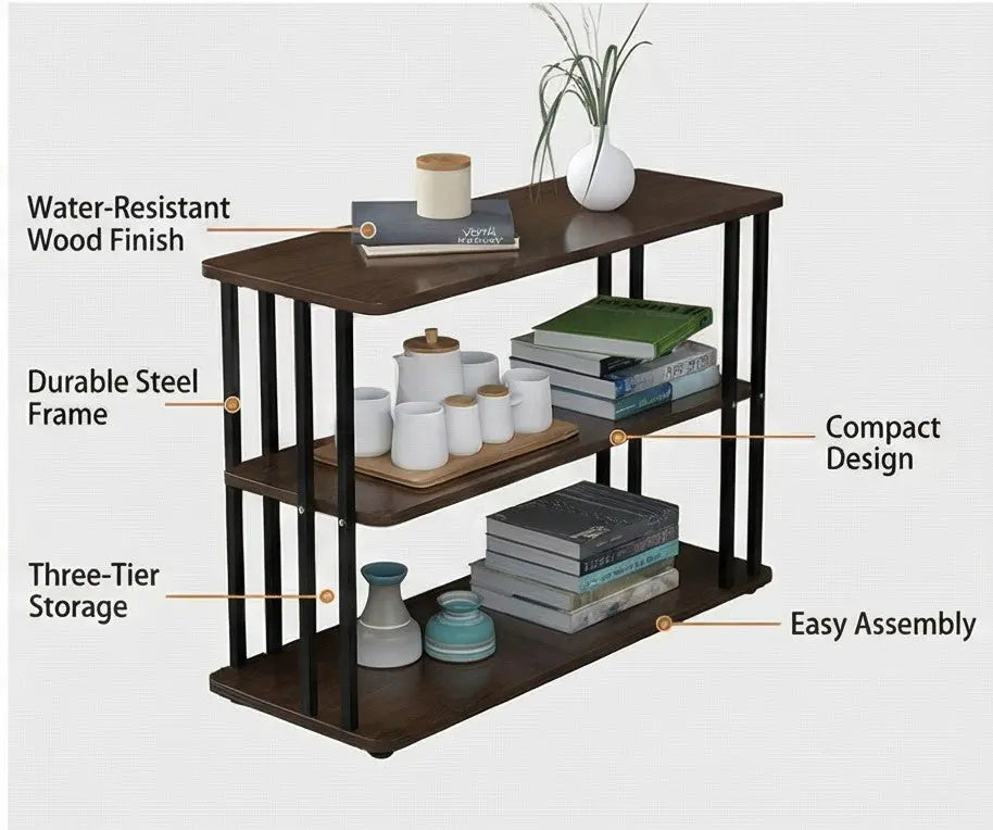 BAYTONA MX106 3-Tier Walnut Wood Storage Shelf with Black Metal Frame Baytona