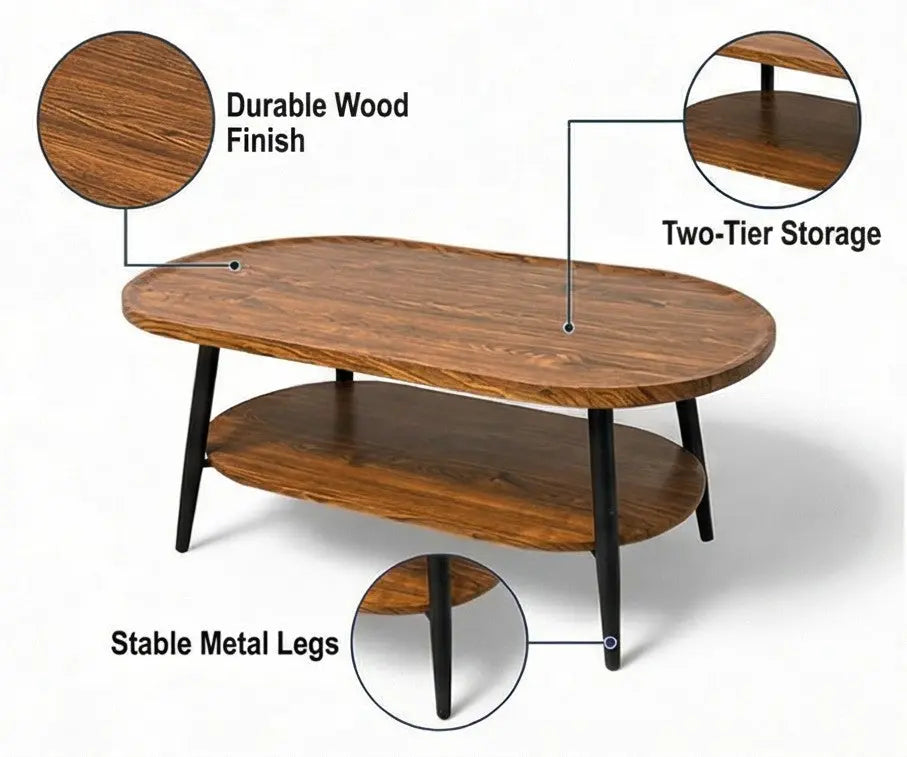 BAYTONA MX110 Modern Oval Walnut Coffee Table with Lower Storage Shelf – Black Metal Legs Baytona