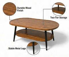 BAYTONA MX110 Modern Oval Walnut Coffee Table with Lower Storage Shelf – Black Metal Legs Baytona