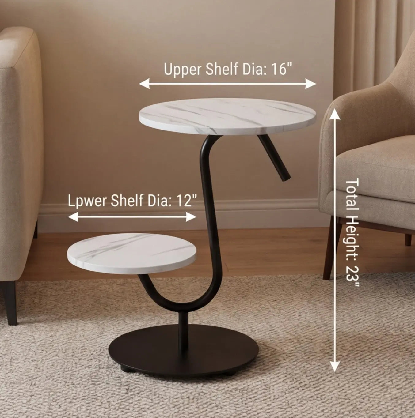 BAYTONA MX103 Modern S-Shaped Side Table with Dual Shelves Baytona