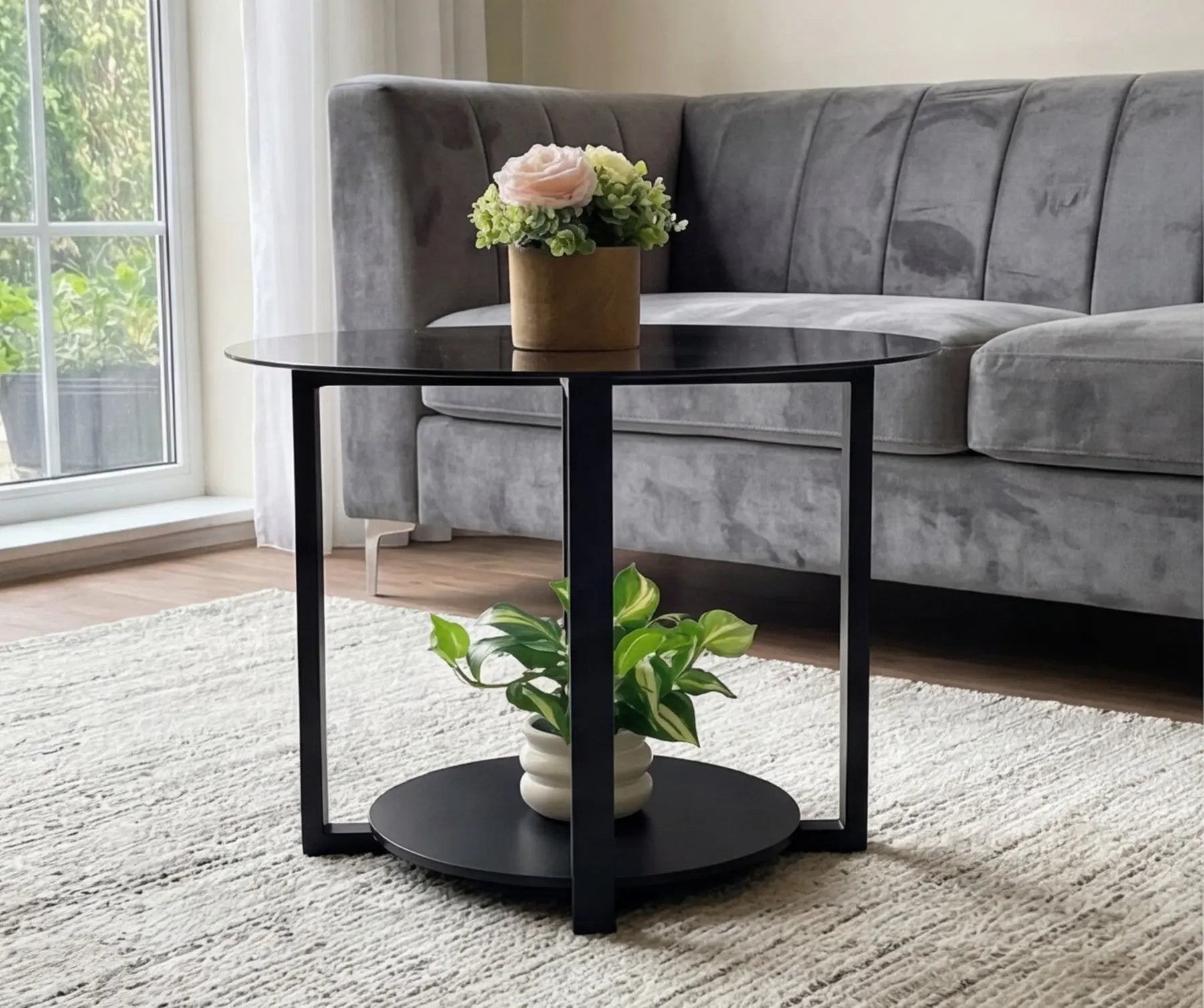 BAYTONA MX131 Modern Round Smoked-Glass Coffee Table with Storage Shelf – Black Metal Base Baytona