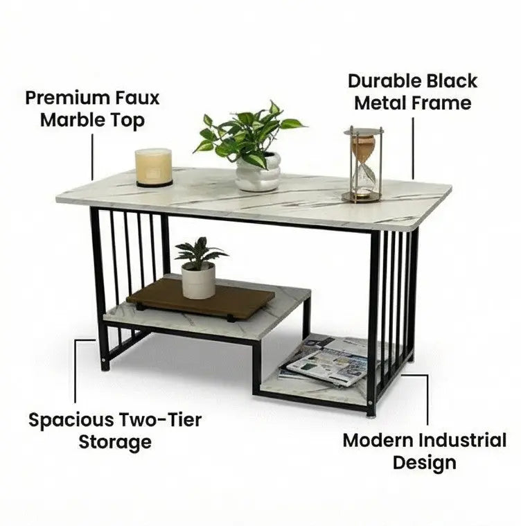 BAYTONA MX025 Modern White Marble Coffee Table with Black Metal Frame & Lower Storage Shelf Baytona