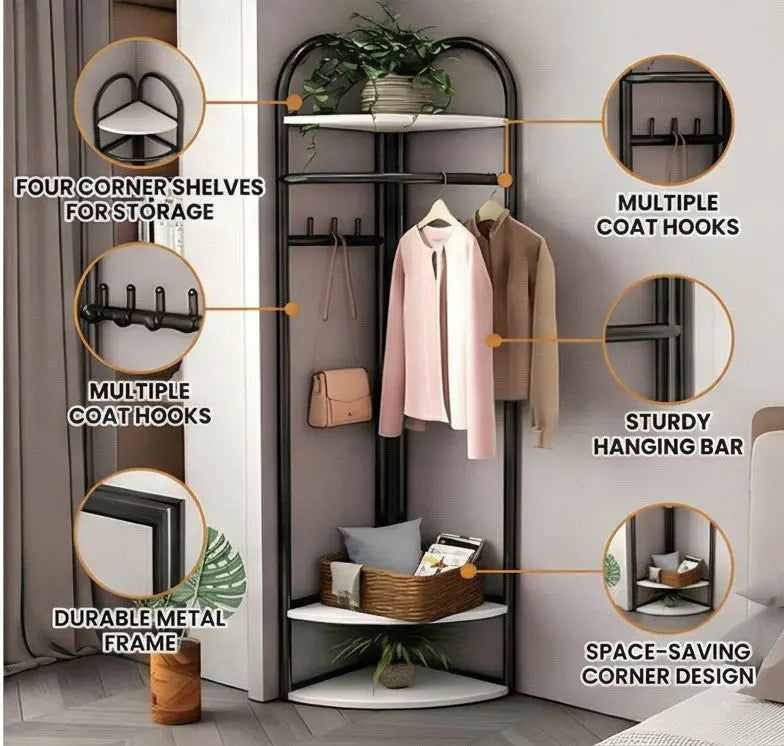 BAYTONA MX030 Modern Corner Clothing Rack with Shelves & Hooks Baytona