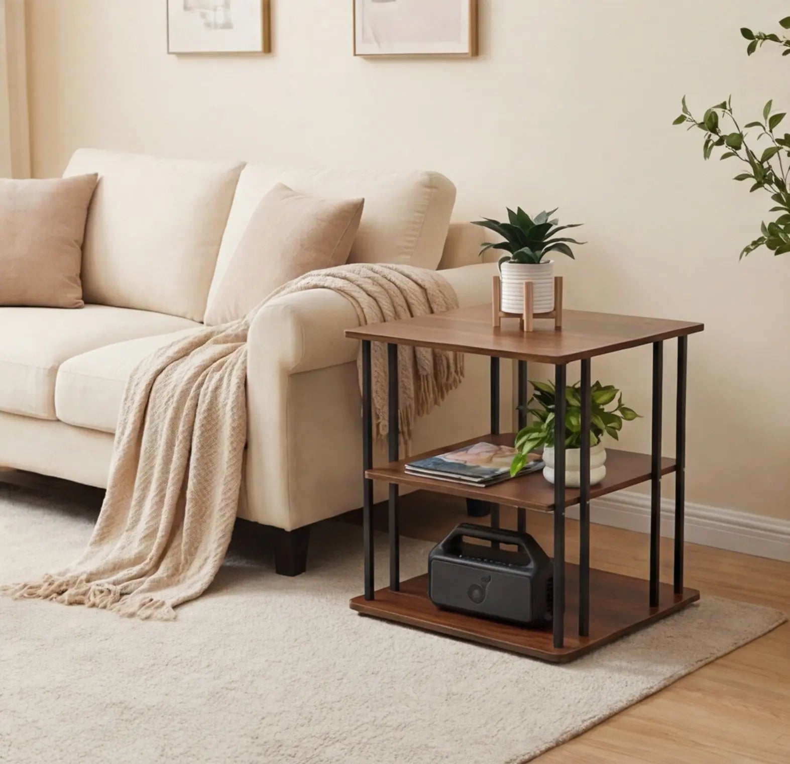 BAYTONA MX107 Three-Tier Dark Walnut Finish Side Table with Black Metal Frame – Multi-Level Storage Organizer Baytona