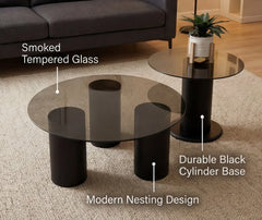 BAYTONA MX136 Modern Dark Tempered Glass Coffee Table Set of 2 – Round Minimalist Tables with Matte Black Base Baytona