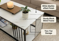BAYTONA MX054 Modern White Marble Coffee Table with Open Storage Shelf & Black Metal Accents Baytona