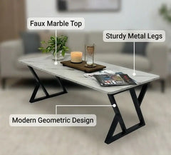 BAYTONA MX124 Modern White Marble Coffee Table with Geometric Black Metal Legs Baytona