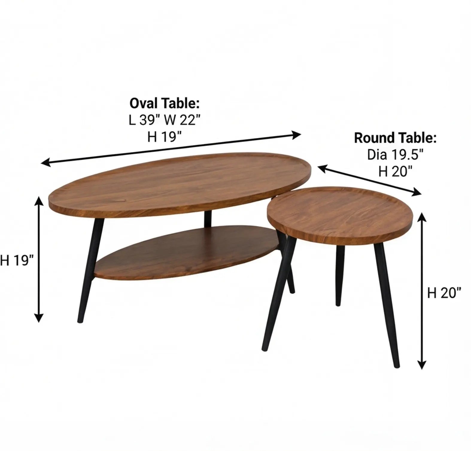 BAYTONA MX127 Modern 2-Piece Walnut Finish Coffee Table Set – Nesting Oval & Round Tables with Storage Shelf Baytona