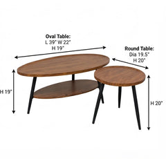 BAYTONA MX127 Modern 2-Piece Walnut Finish Coffee Table Set – Nesting Oval & Round Tables with Storage Shelf Baytona