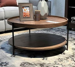 BAYTONA MX126 Modern Round Walnut Coffee Table with Lower Storage Shelf – Black Metal Frame
