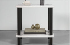 BAYTONA MX113 White Marble-Look Two-Tier Side Table with Black Metal Frame – Modern Accent Table